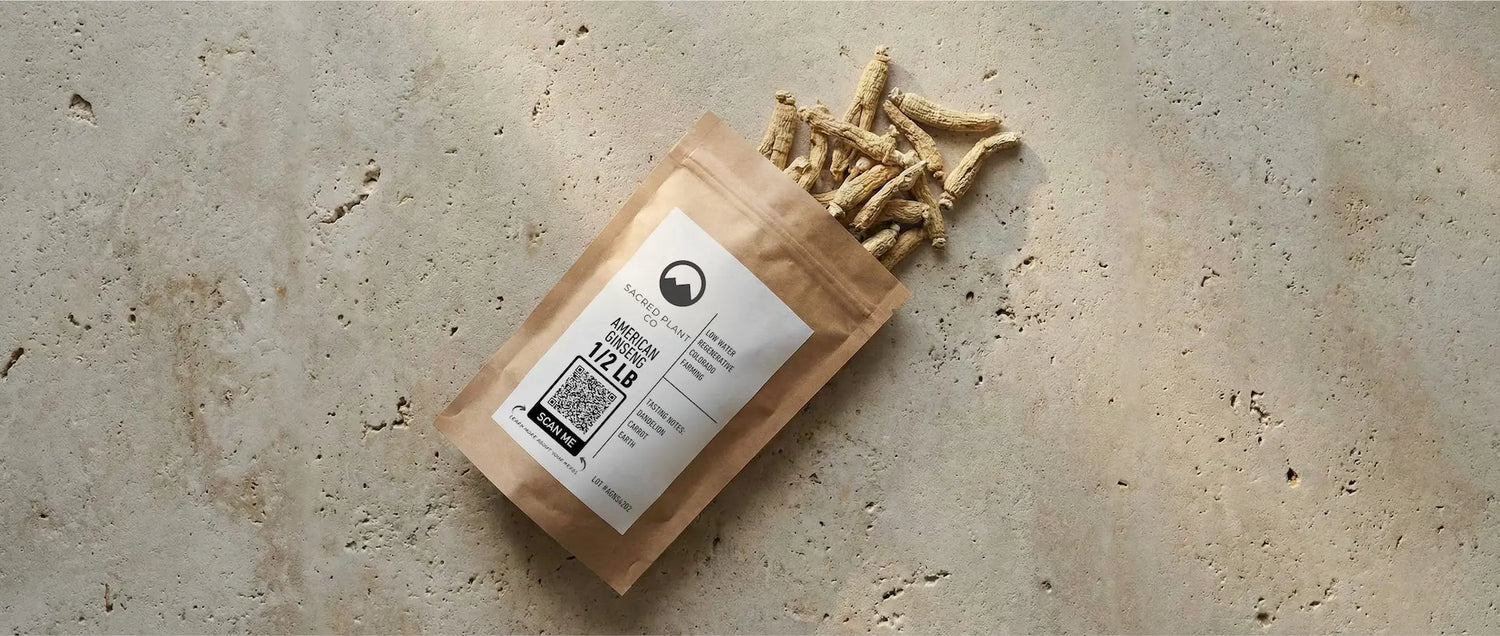 Dried American Ginseng roots spilling from a Sacred Plant Co kraft paper pouch featuring a QR code for lab test transparency.