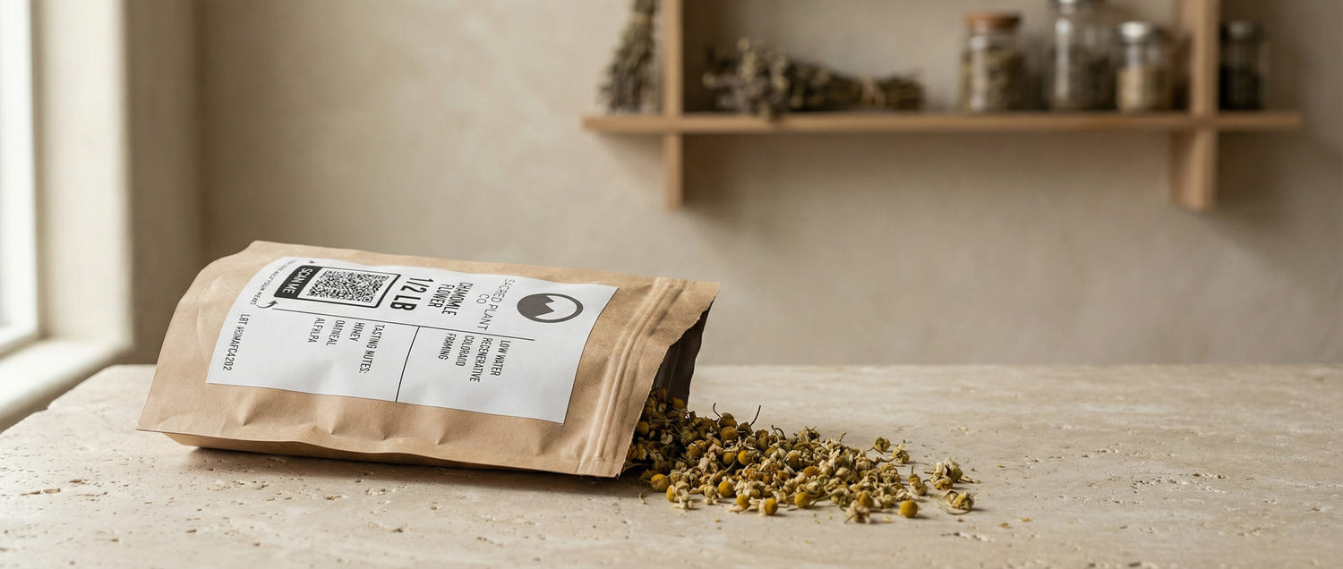 Premium apothecary still life of dried chamomile flowers spilling from a kraft paper bag onto stone with natural window light