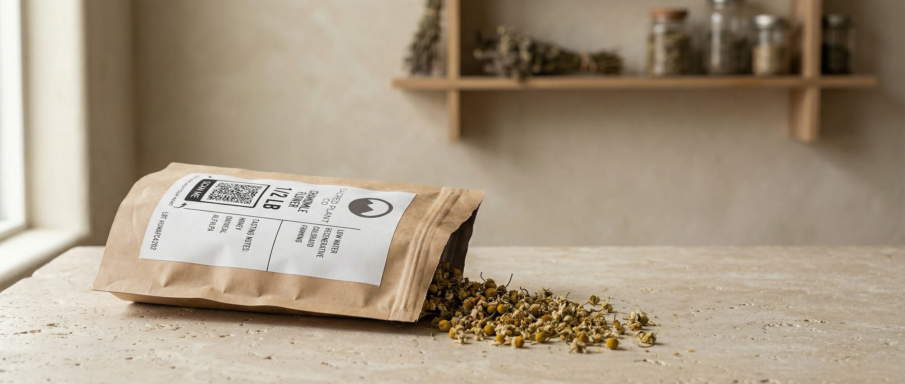 Premium apothecary still life of dried chamomile flowers spilling from a kraft paper bag onto stone with natural window light