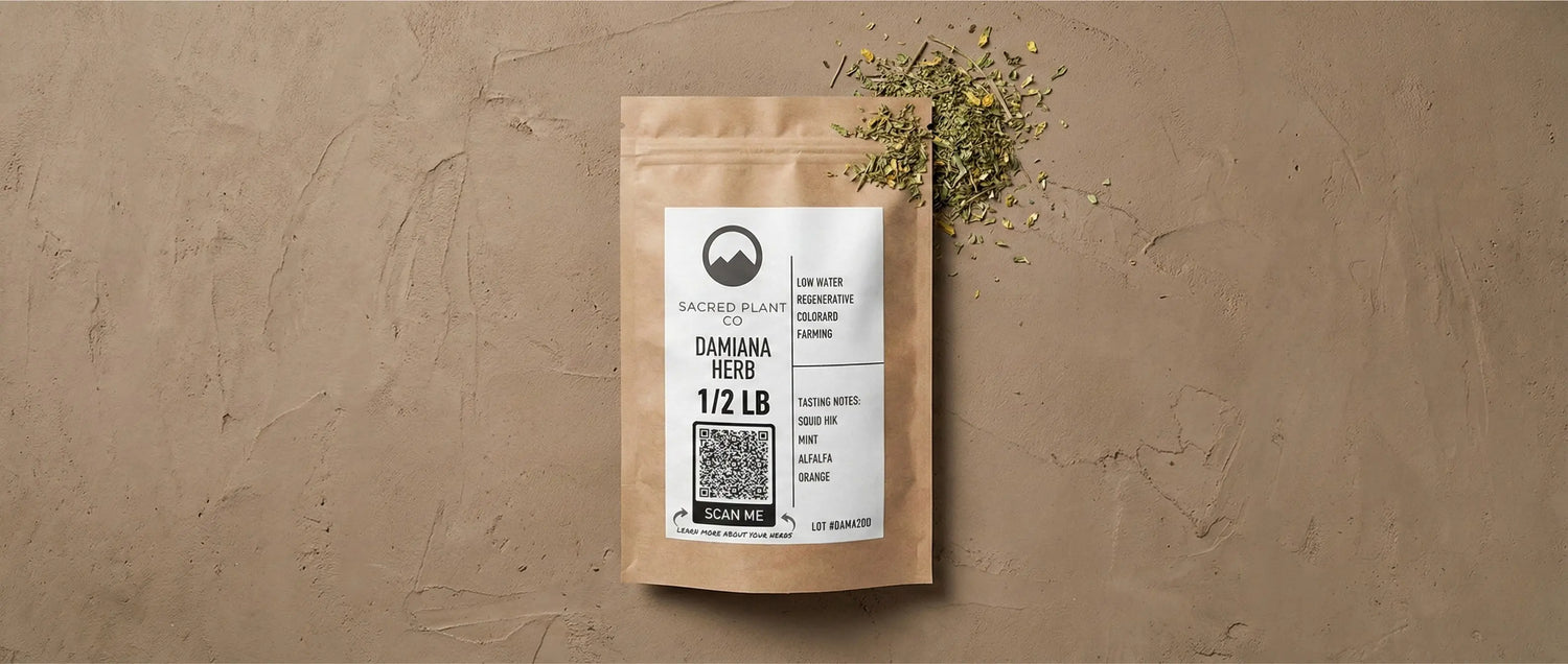 A 1/2 lb bag of Sacred Plant Co Damiana Herb on a textured earth-tone background with loose dried botanicals.