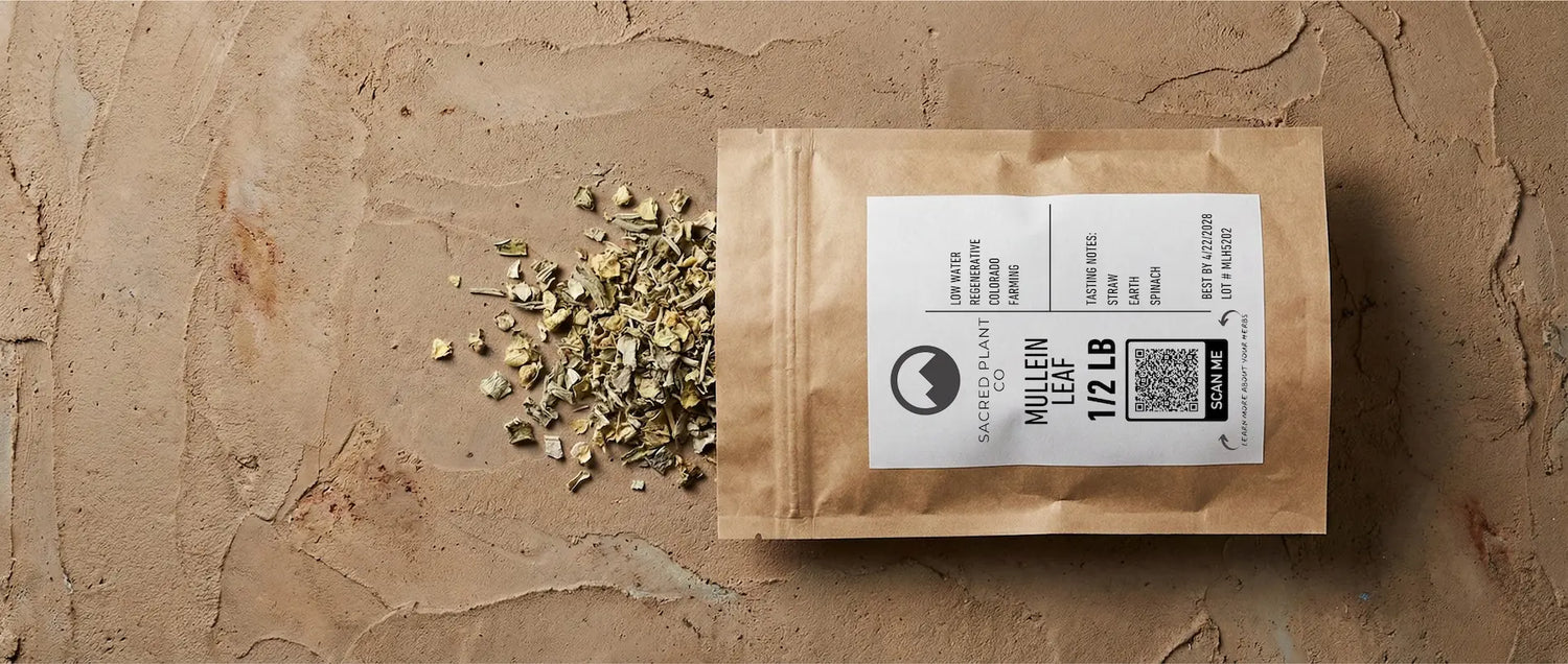 A half-pound kraft bag of Sacred Plant Co dried mullein leaf spilling onto a textured earthy surface. The label highlights low-water regenerative Colorado farming, showcasing the premium quality required for traditional Samhain apothecary preparations.