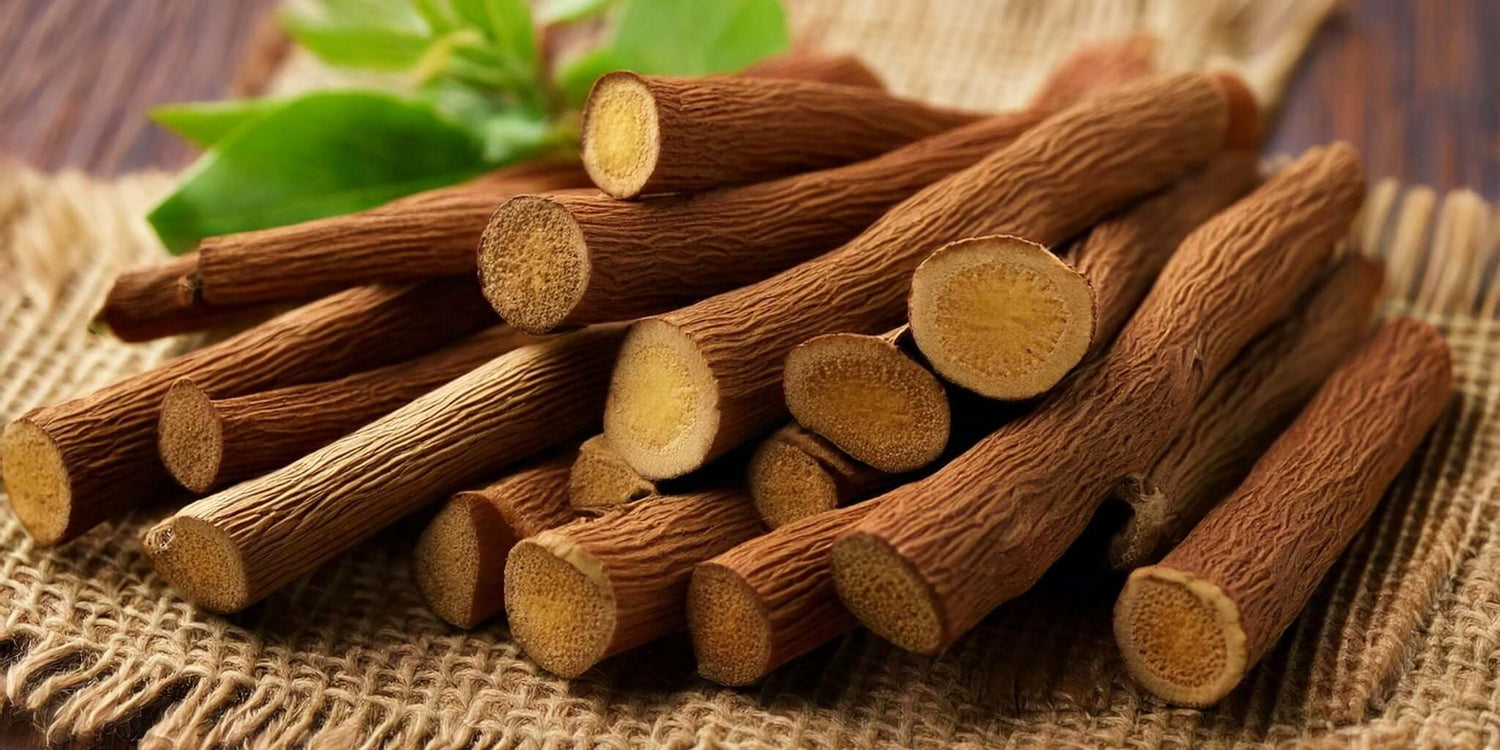 A stack of freshly harvested licorice root sticks placed on a textured burlap surface, with vibrant green leaves in the background.