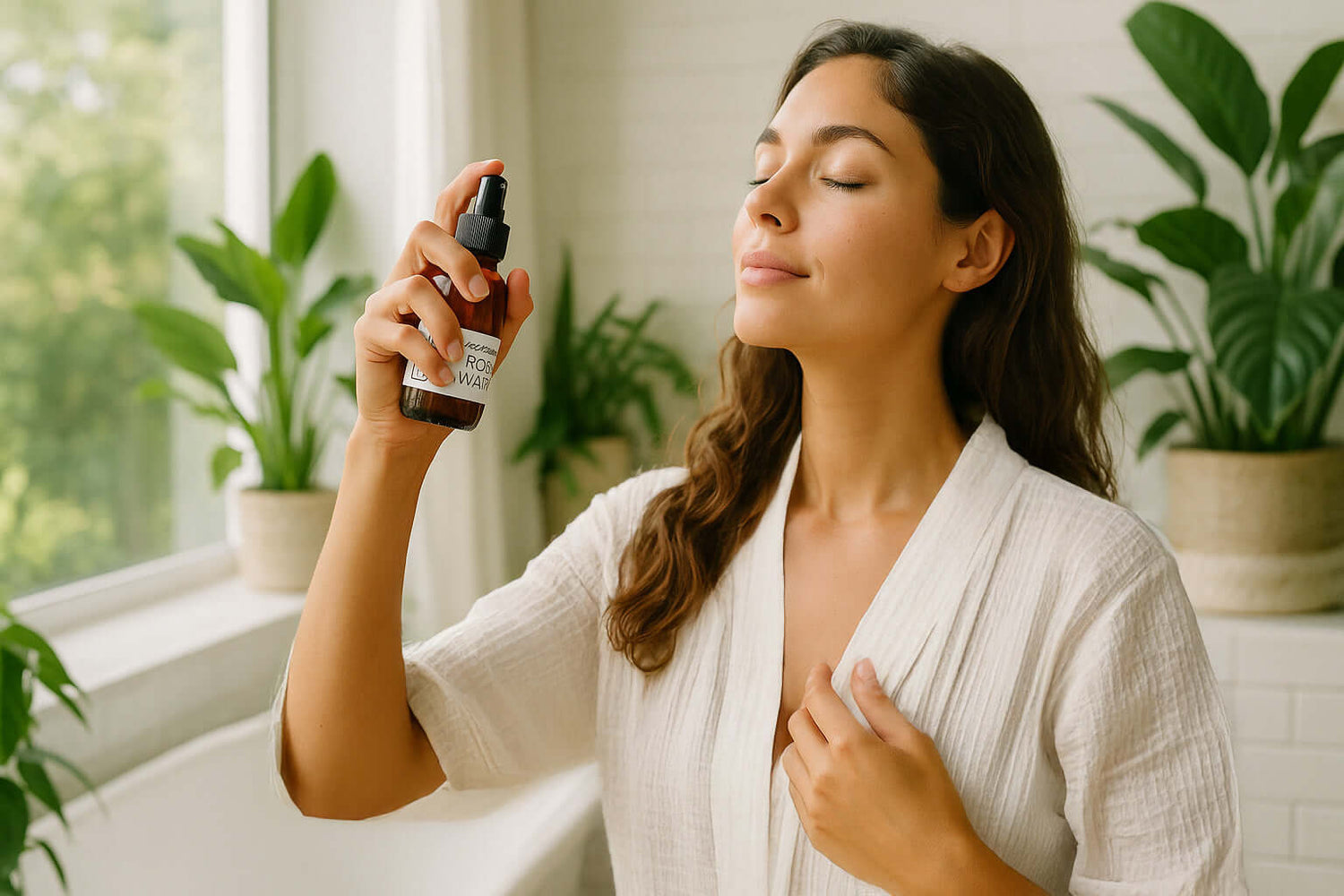 A serene woman in a light robe spritzes rose water on her face in a bright, plant-filled bathroom. The amber glass spray bottle is labeled "Rose Water," suggesting a cooling and refreshing skincare ritual.