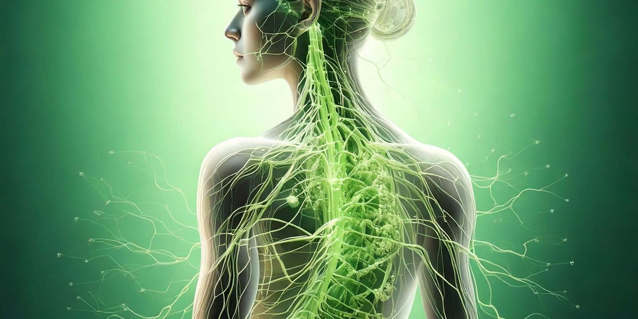 A visually striking depiction of nerve pathways in a human body, illuminated in green tones, symbolizing vitality and regeneration.