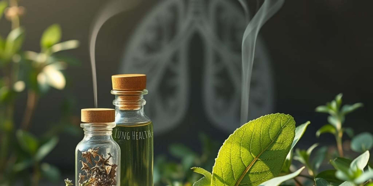 Glass bottles containing dried herbs and herbal tincture labeled "Lung Health," surrounded by vibrant green leaves, symbolizing natural respiratory support.