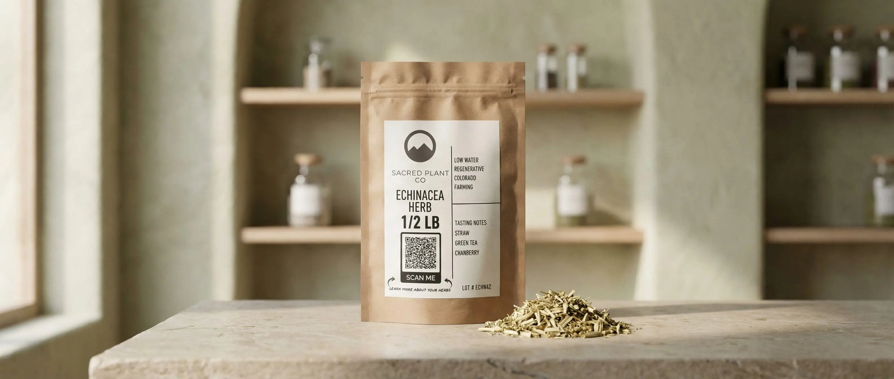 	Sacred Plant Co Echinacea herb bag on stone counter with a small pile of cut echinacea in a premium apothecary setting