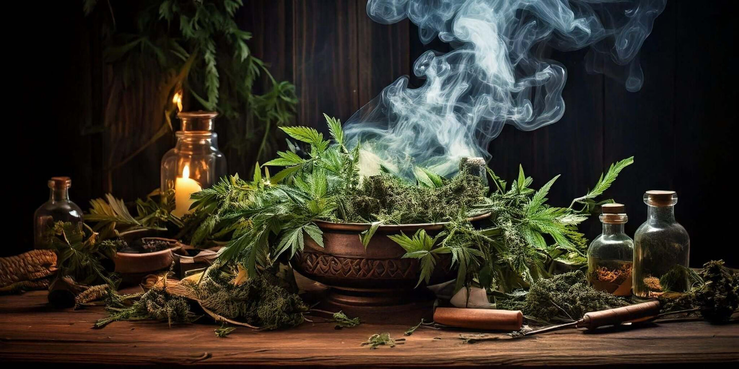 A rustic setup featuring a copper bowl filled with smoking herbs surrounded by fresh and dried herbal leaves.