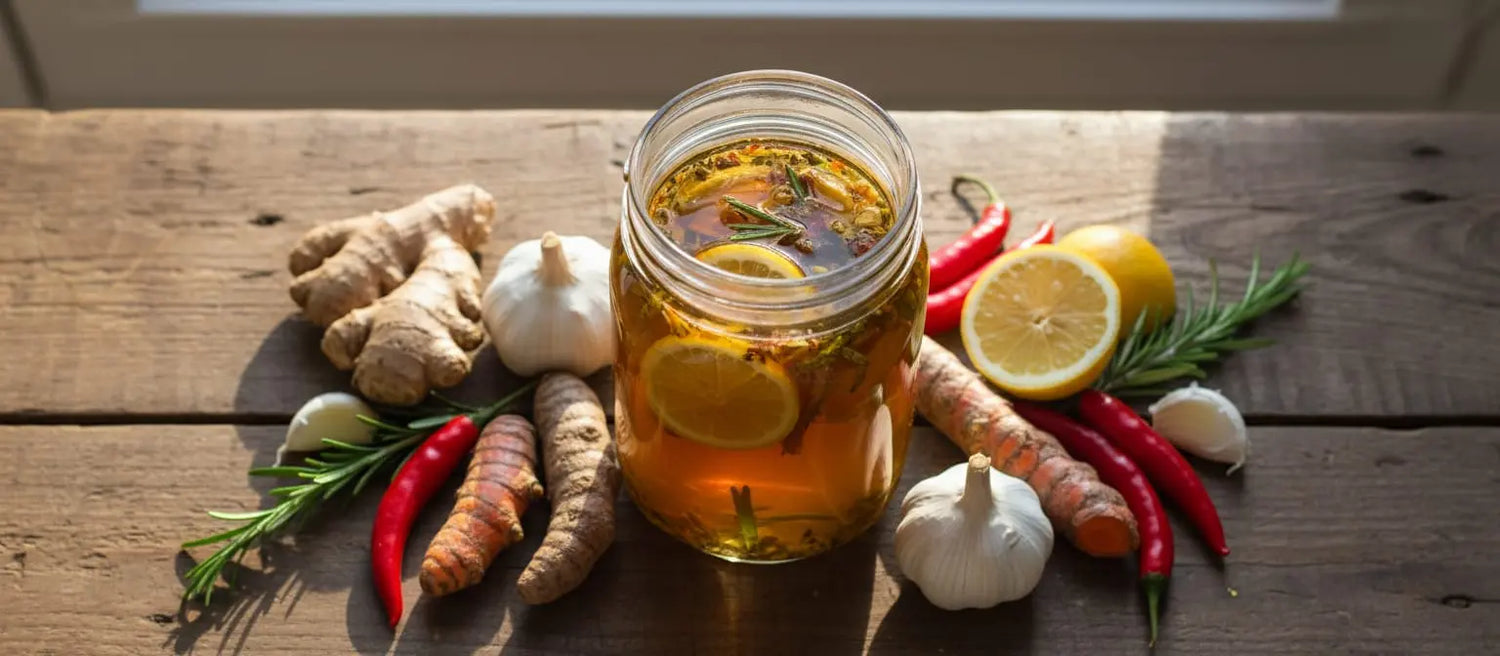 Fire cider steeping in mason jar with fresh ginger, turmeric, and horseradish roots on rustic wooden table