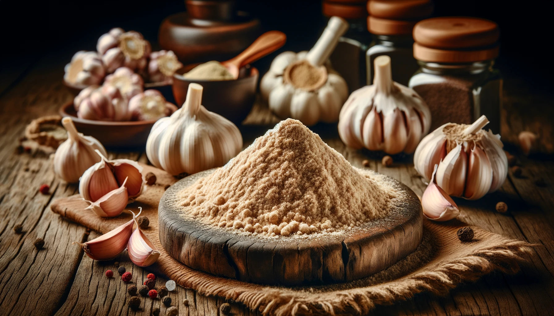 This image presents Garlic Powder in a visually appealing and artistic manner, set in a rustic kitchen setting. It emphasizes the culinary and medicinal value of garlic powder