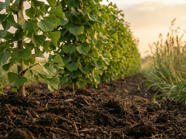 A row of young ginkgo biloba saplings thrives in deep, biologically active soil, highlighting regenerative field cultivation methods.