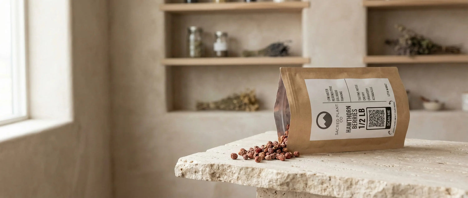 Dried hawthorn berries spilling from a Sacred Plant Co bag on a stone apothecary surface
