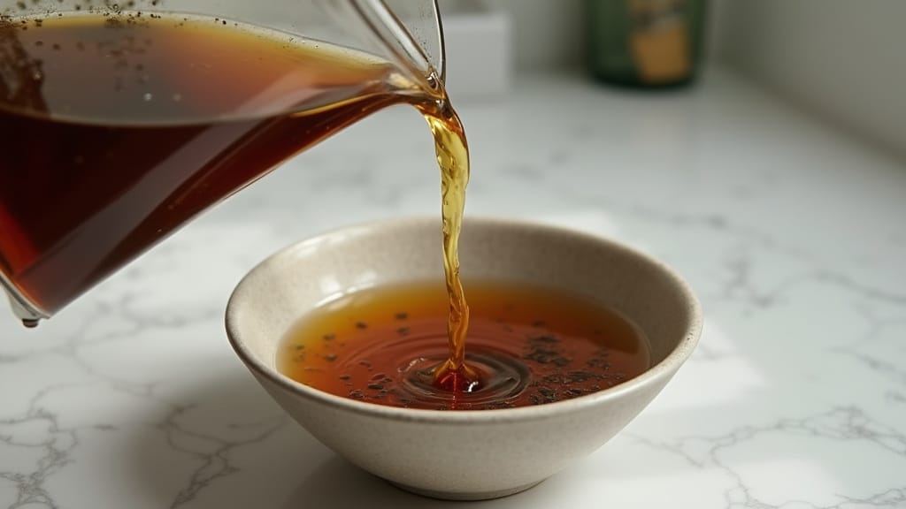Pouring amber-colored herbal hair rinse from glass pitcher into white ceramic bowl, showing rich rosemary and nettle infusion with visible herb particles for scalp microbiome health