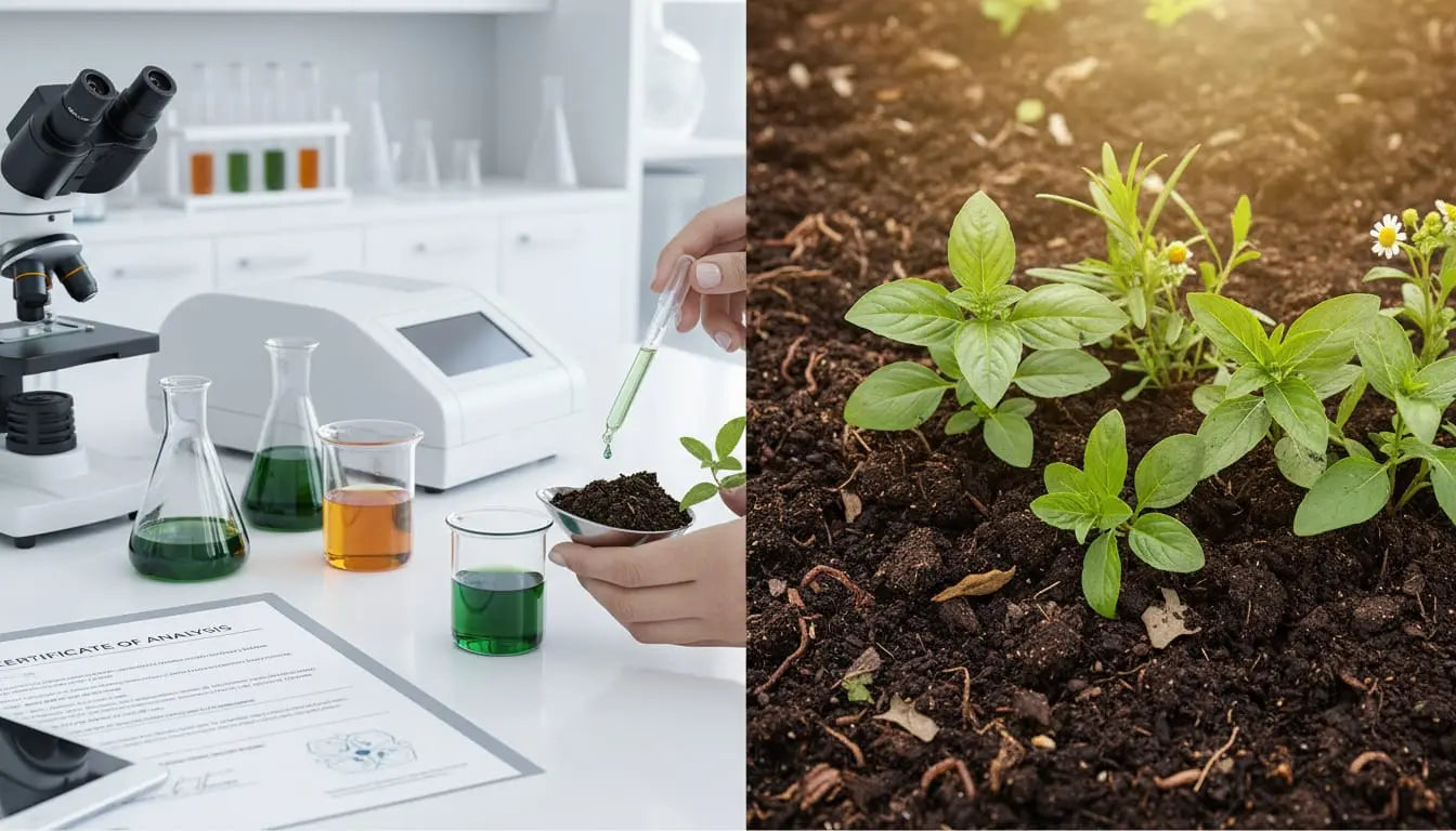 Laboratory soil testing and herbal analysis showing regenerative farming quality verification for Sacred Plant Co