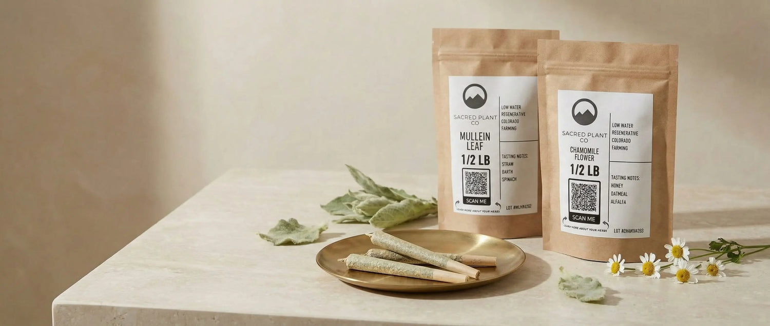 Premium herbal smoking blends featuring mullein leaf and chamomile flower in apothecary setting.
