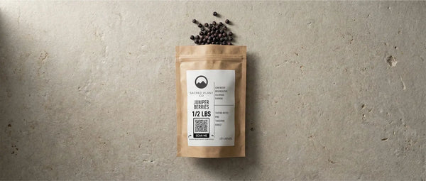 Packaging for bulk Juniperus communis berries showing the regenerative farm label, sourced from high-altitude Colorado regions.