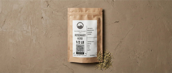 Layflat view of sustainably harvested rosemary herb packaging highlighting low-water farming practices and vibrant green dried needle quality.