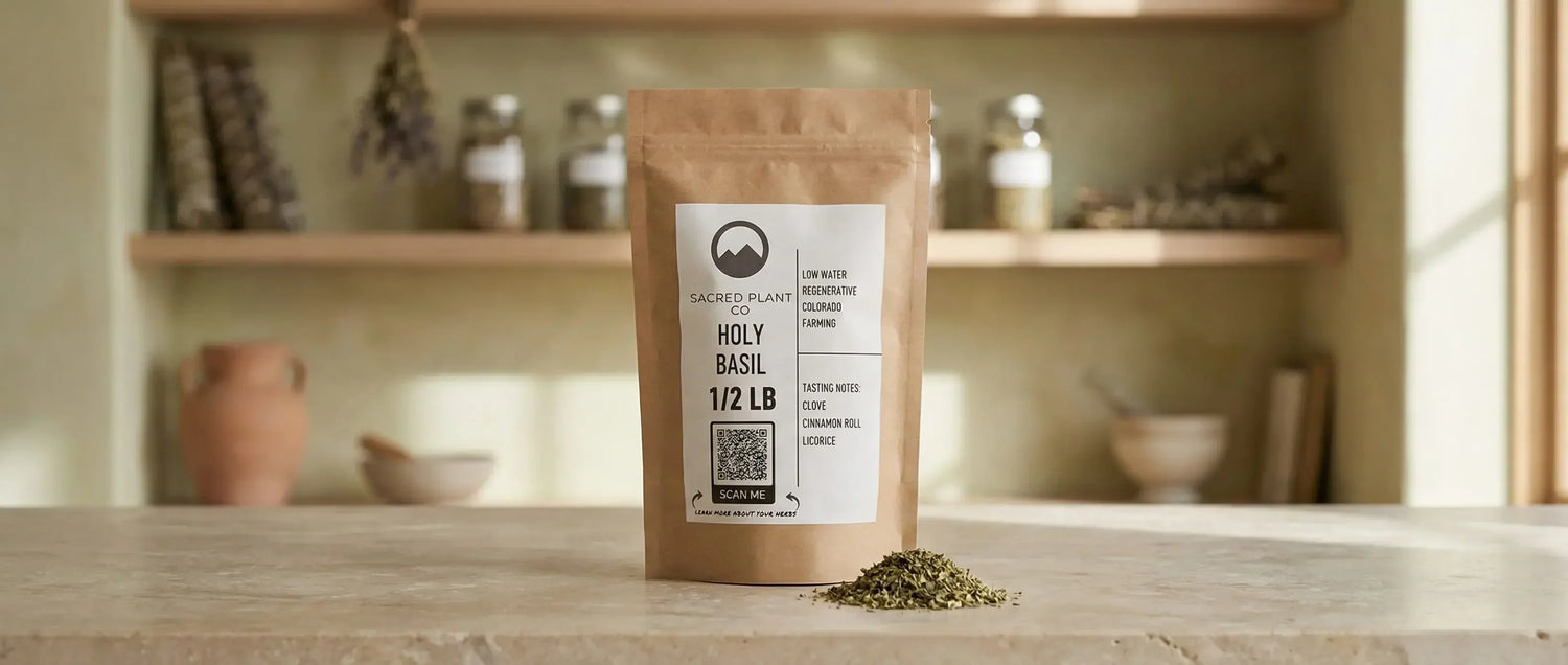 Holy Basil (Tulsi) 1/2 lb bag by Sacred Plant Co on stone counter with dried leaves