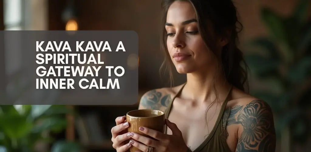 Peaceful woman with tattoos holding a cup of kava, representing the herb’s role as a spiritual gateway to inner calm.