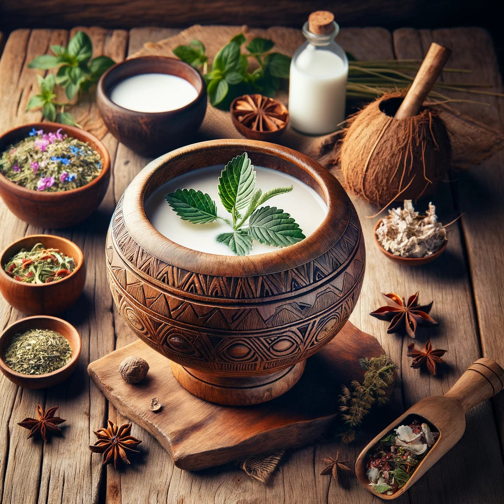Wooden kava bowl filled with a freshly prepared Sacred Plant Co Kava Kava elixir, surrounded by natural herbs on a rustic wooden table, evoking a sense of calm and island flair.
