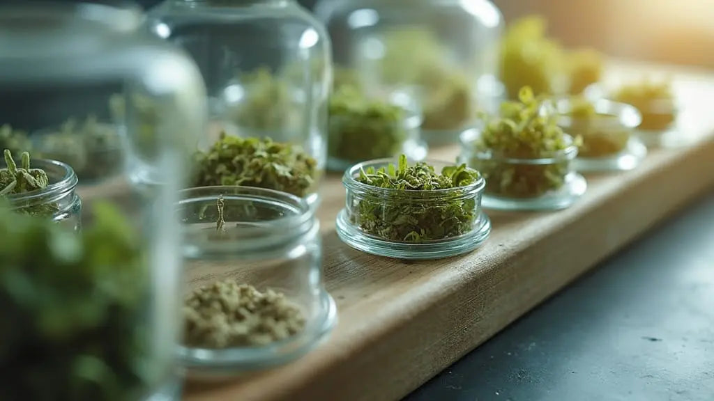 Small glass jars filled with dried herbs arranged on a wooden board, representing Sacred Plant Co’s commitment to lab-tested, high-quality herbal products.