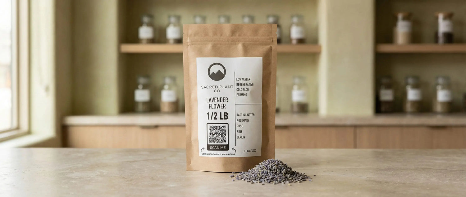 Bulk lavender flower herb packaged by Sacred Plant Co in a modern apothecary setting