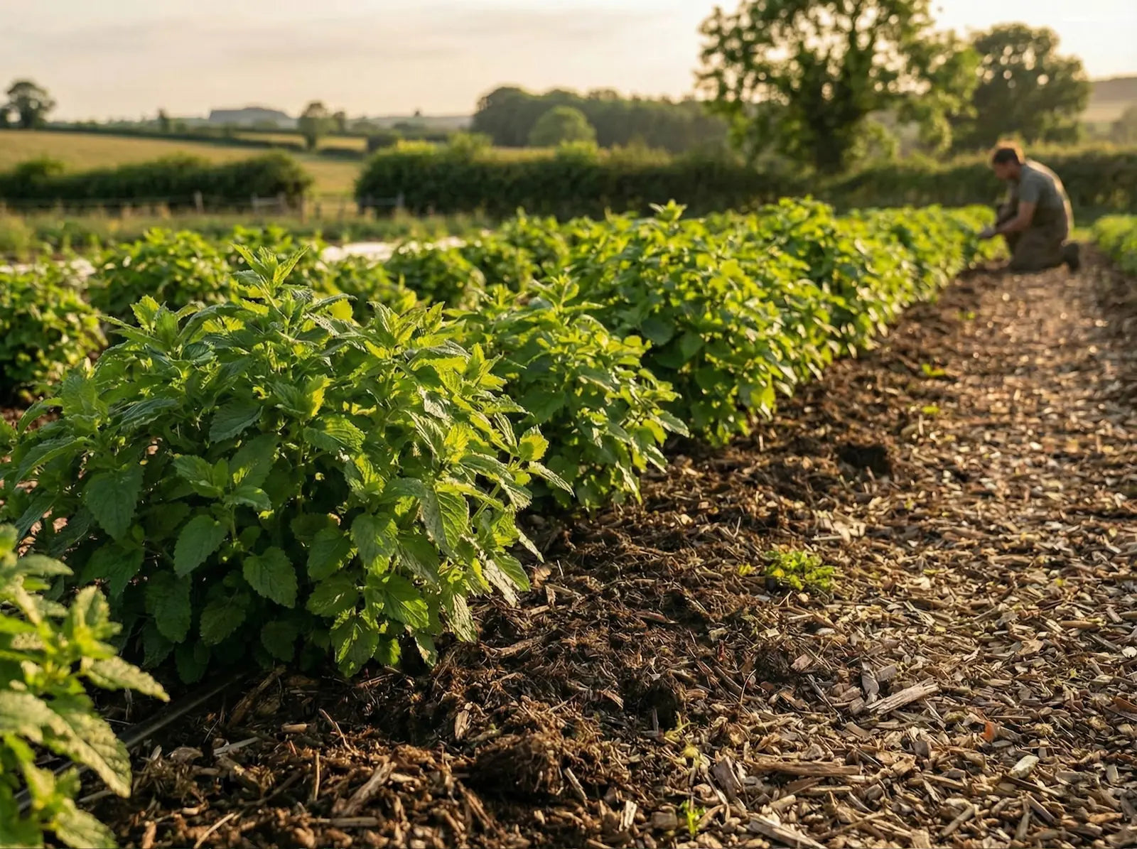 Lush rows of lemon balm thriving in living soil with thick regenerative mulch, showcasing proper field spacing for medicinal herb growing.