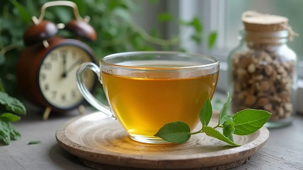 Cup of lemon balm tea and a jar of valerian root beside a bedside clock