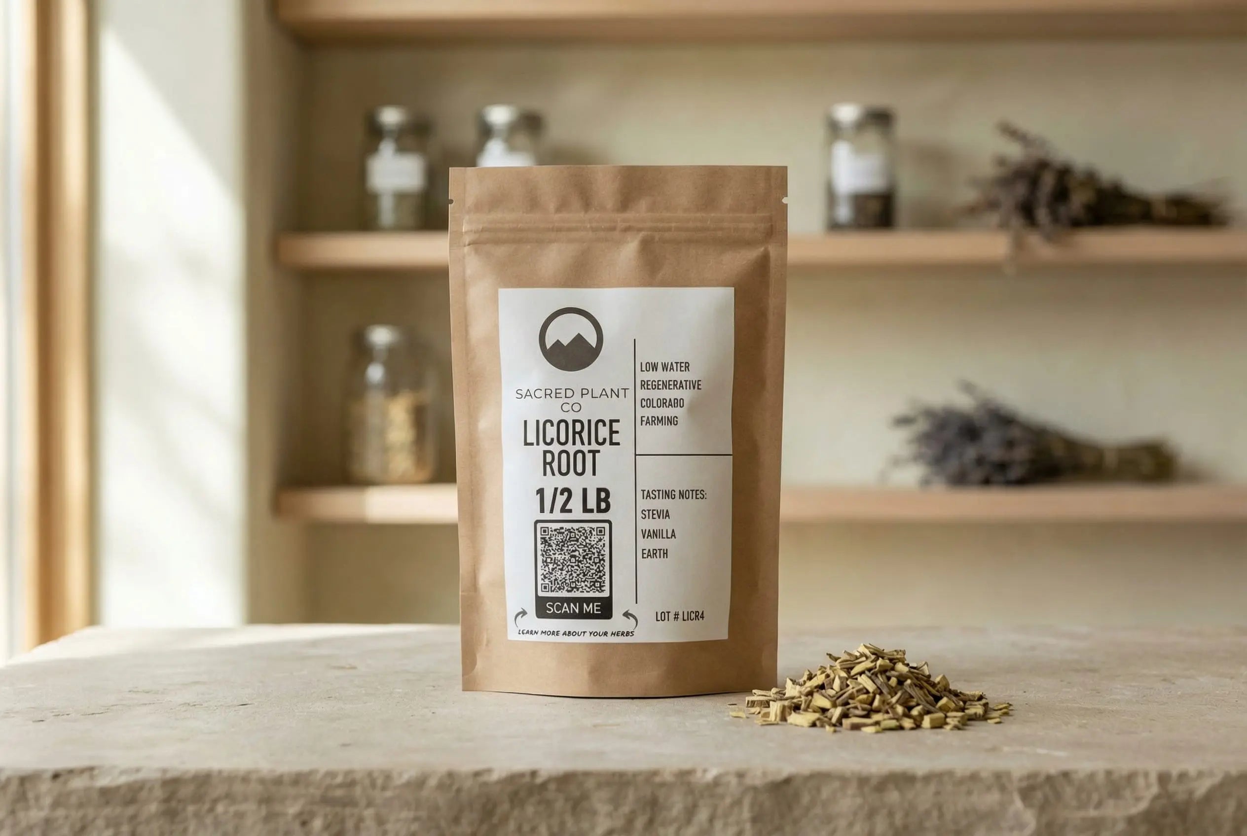 A half-pound bag of Sacred Plant Co Licorice Root and a small pile of the chopped dried herb, representing natural herbal remedies used to restore balance and support wellness in autoimmune conditions.