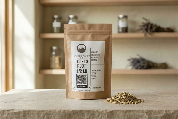 A half-pound bag of Sacred Plant Co Licorice Root and a small pile of the chopped dried herb, representing natural herbal remedies used to restore balance and support wellness in autoimmune conditions.