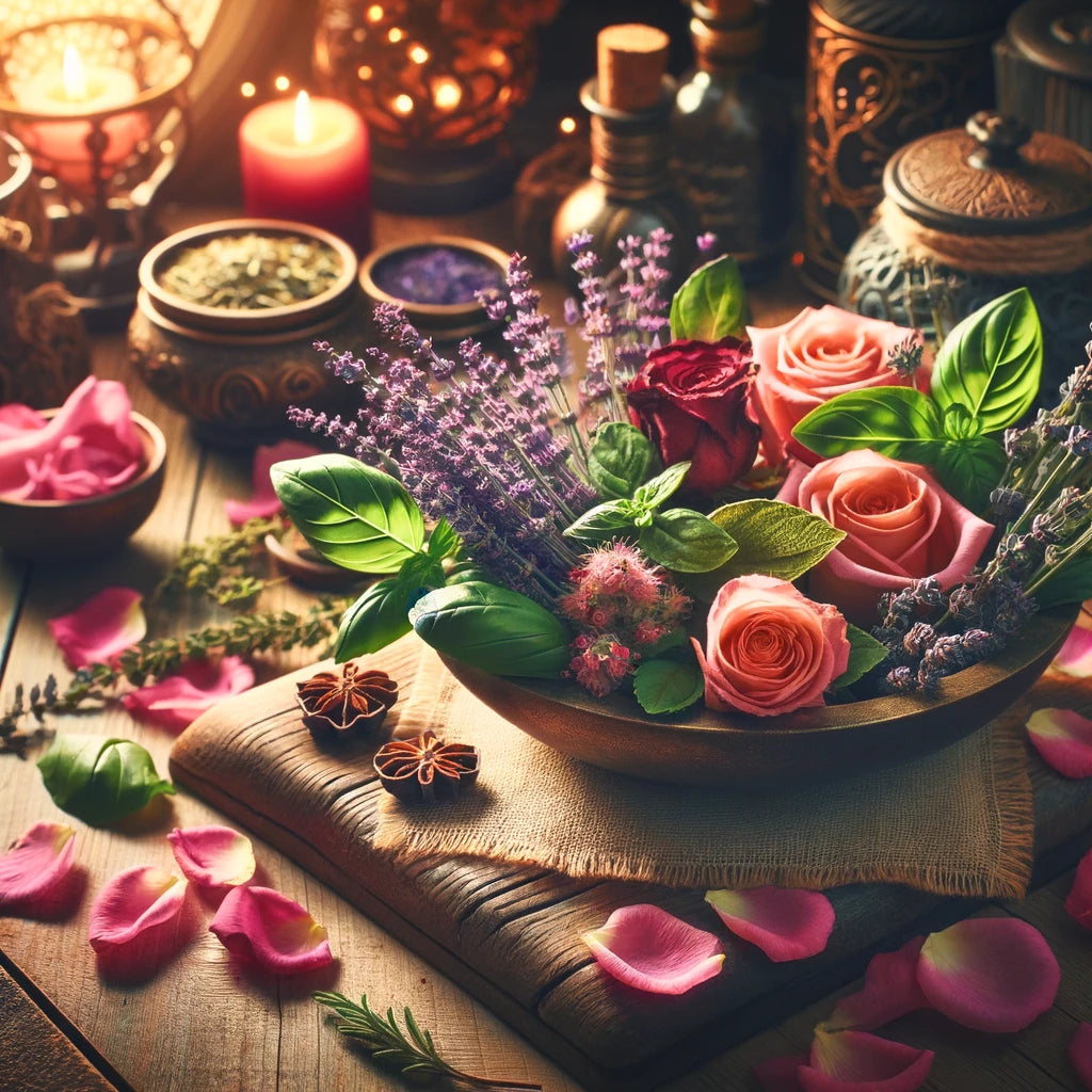 image that captures the enchanting and romantic essence of herbs associated with love, including rose petals, lavender, and basil.