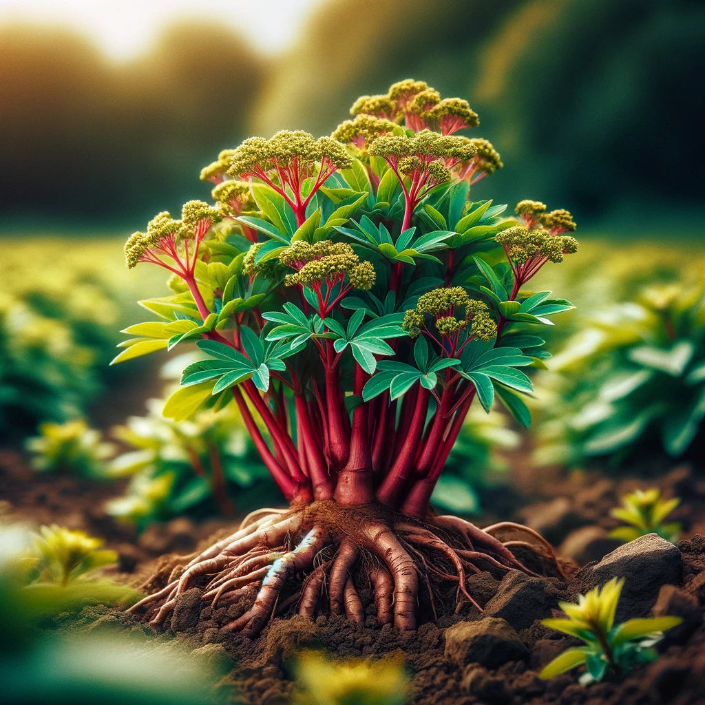 Madder plant (Rubia tinctorum) in its natural setting, highlighting the roots used for producing red dye.