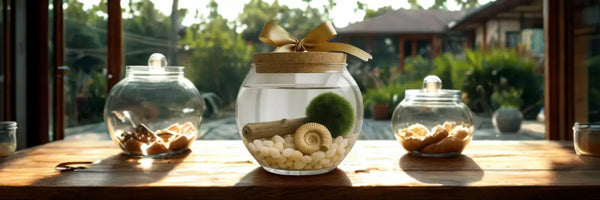 Three glass Marimo moss ball terrariums with cork lids and gold ribbons displayed on a wooden table in a sunlit modern home.