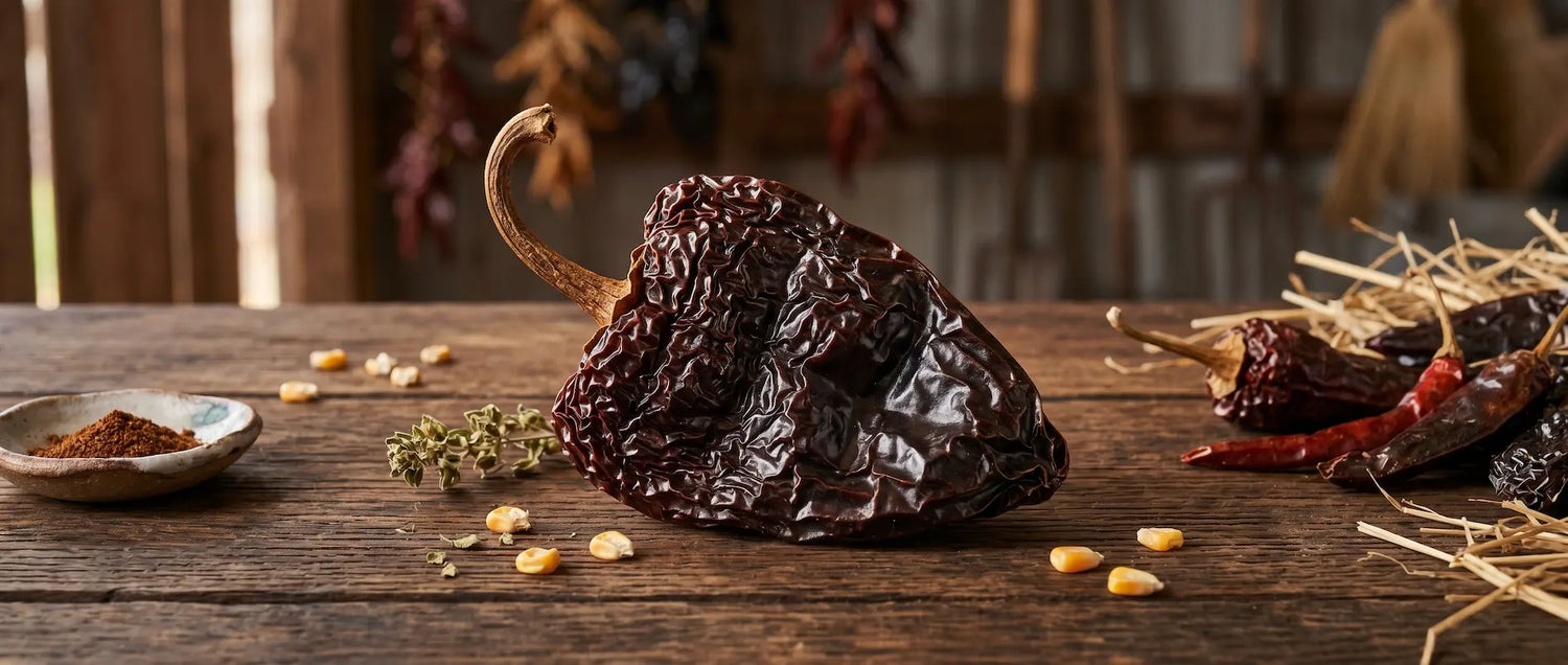A deeply wrinkled, dried ancho pepper rests on a wooden surface, demonstrating the ideal moisture loss required before harvesting seeds.