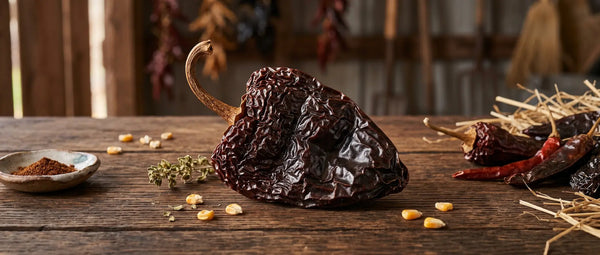 A deeply wrinkled, dried ancho pepper rests on a wooden surface, demonstrating the ideal moisture loss required before harvesting seeds.