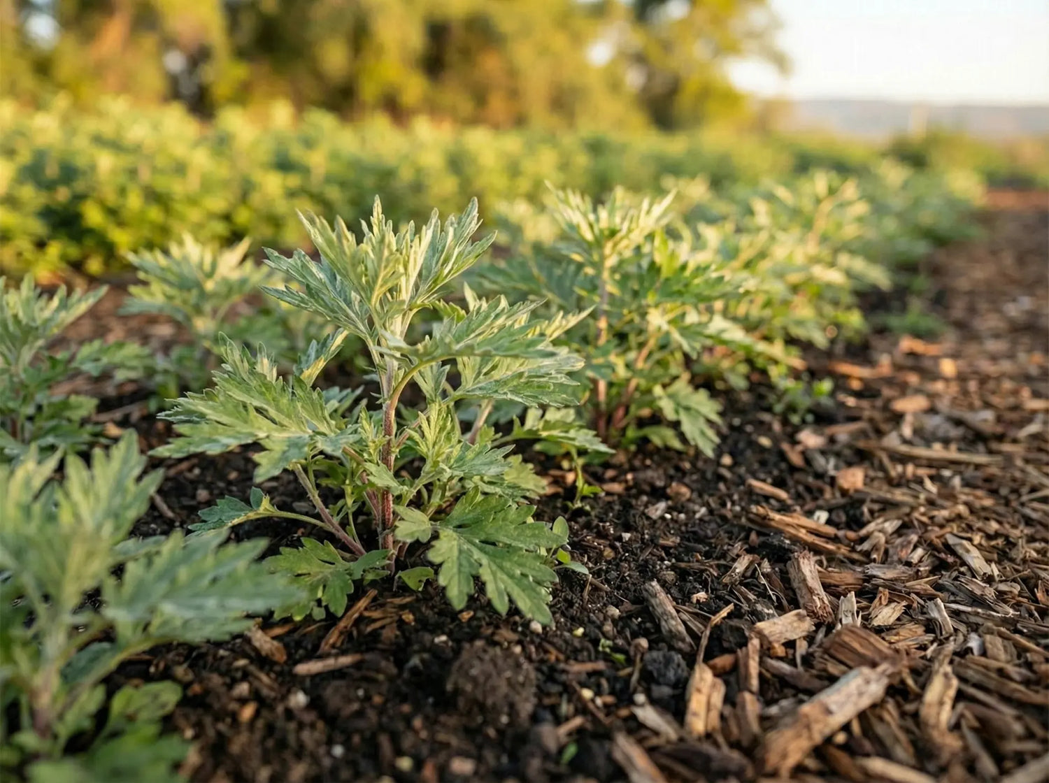 A row of young mugwort plants establishing in biologically active soil, demonstrating vigorous vegetative growth above wood chip mulch.