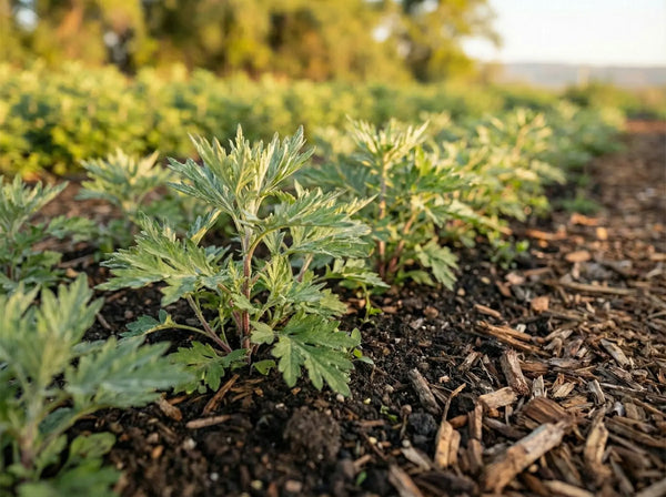 A row of young mugwort plants establishing in biologically active soil, demonstrating vigorous vegetative growth above wood chip mulch.