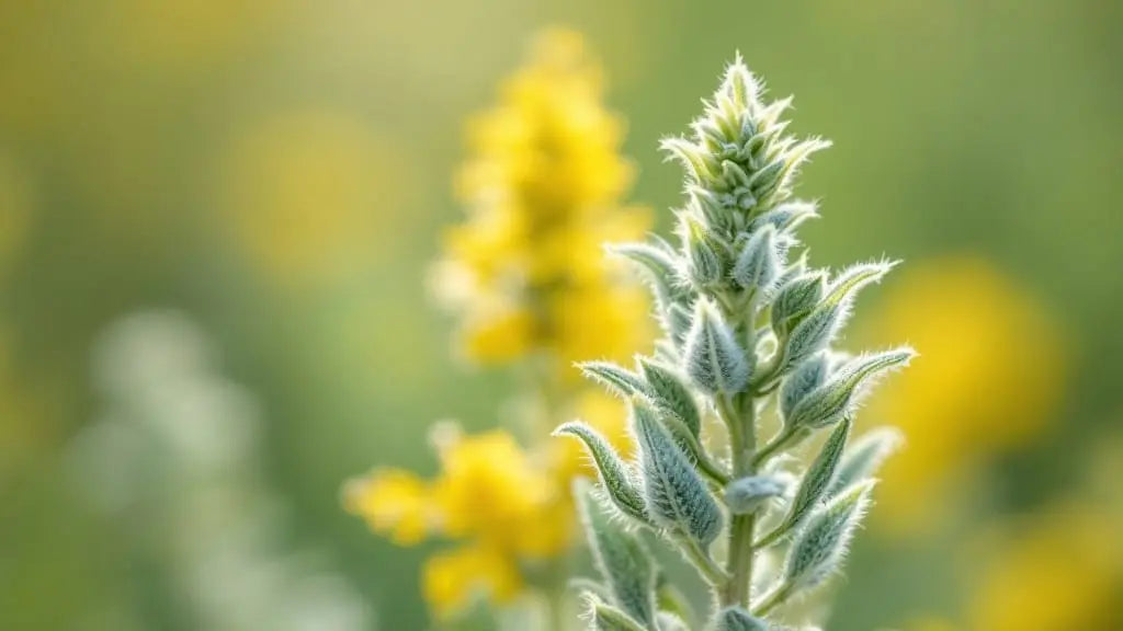 Close-up of fresh mullein leaf showing characteristic fuzzy silver-green texture, a gentle expectorant herb for respiratory support