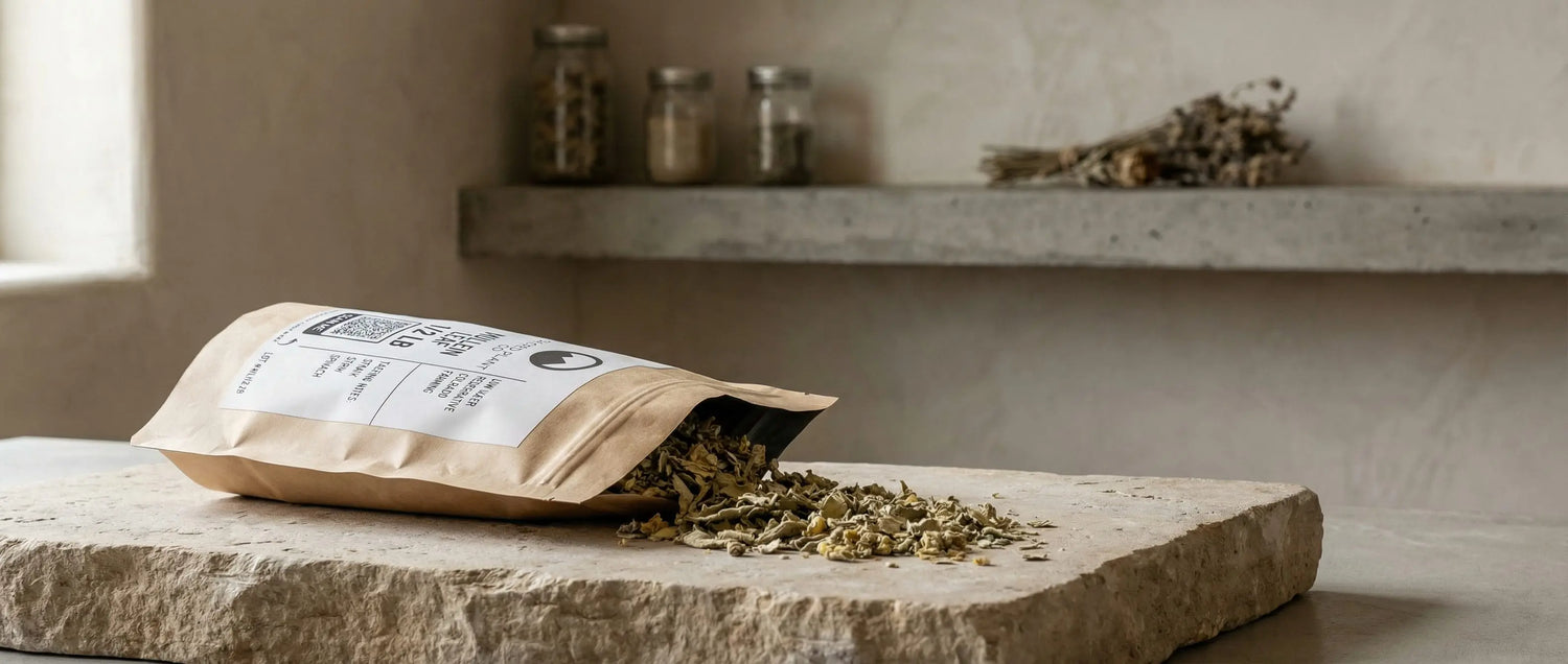 Dried mullein leaf spilling from a Sacred Plant Co kraft apothecary bag onto a stone slab in soft natural light