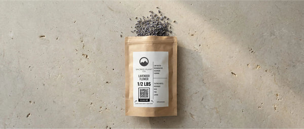 A bag of regeneratively grown Lavender flowers (Lavandula angustifolia), a primary botanical ally for calming the nervous system and RLS symptoms.