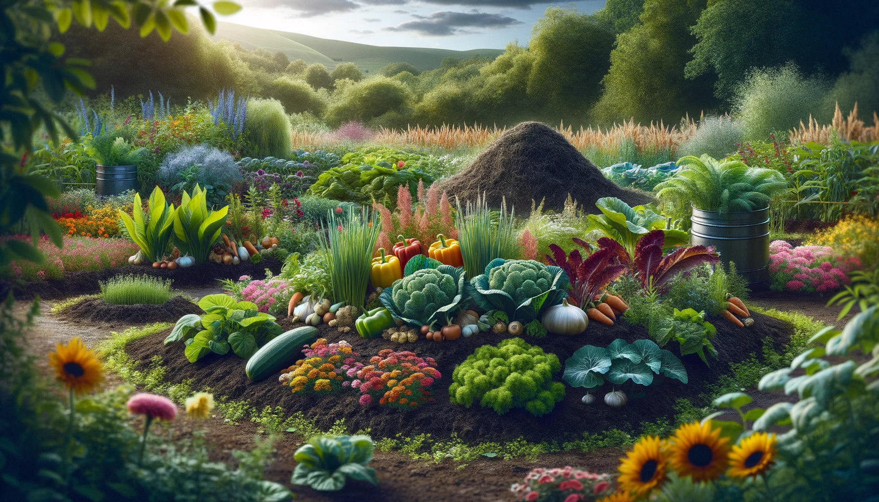  vibrant and picturesque natural farm scene, illustrating a variety of colorful and healthy plants thriving in rich, dark soil. The farm displays a diversity of crops, interspersed with flowering plants, and features a compost heap in the background. 