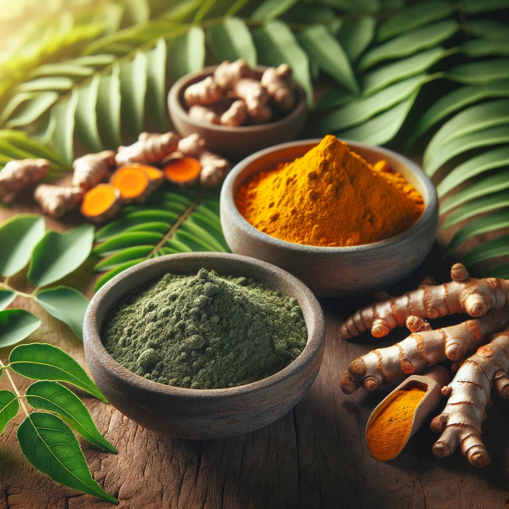 two bowls of powder in a natural setting: one bowl contains neem powder, surrounded by fresh neem leaves, and the other bowl holds bright orange turmeric powder, accompanied by turmeric roots.