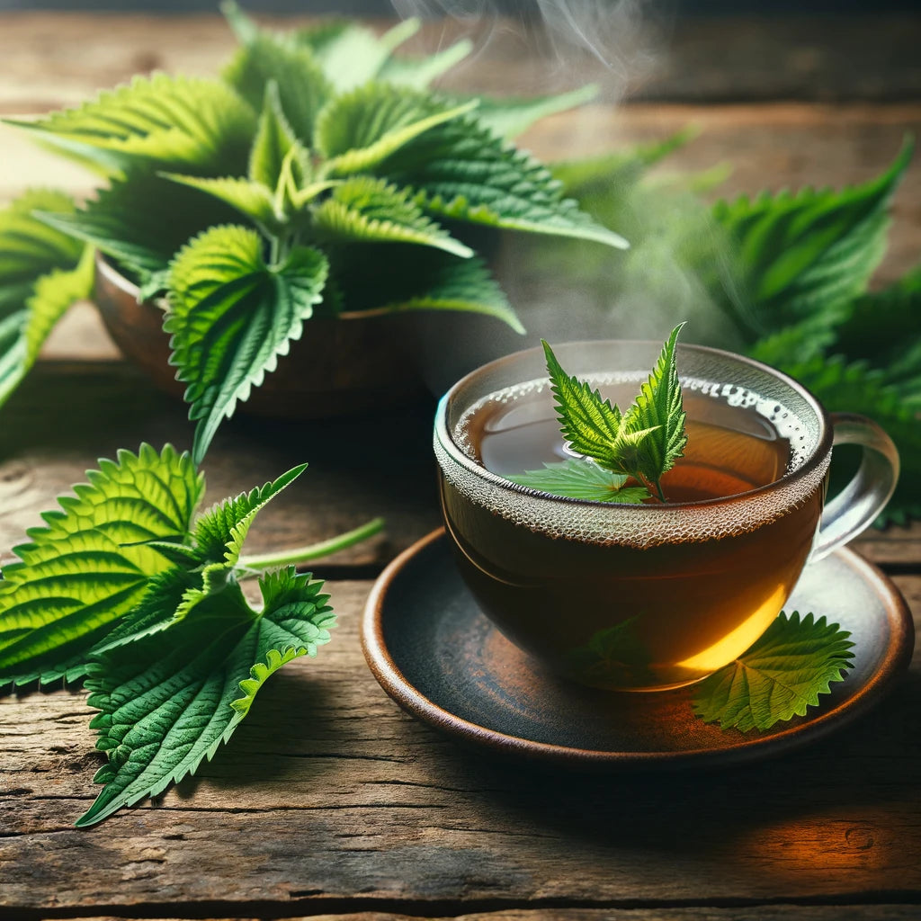 A warm and serene setting showcasing a steaming cup of stinging nettle tea on a wooden table, encircled by vibrant green stinging nettle leaves, symbolizing natural health and peacefulness.