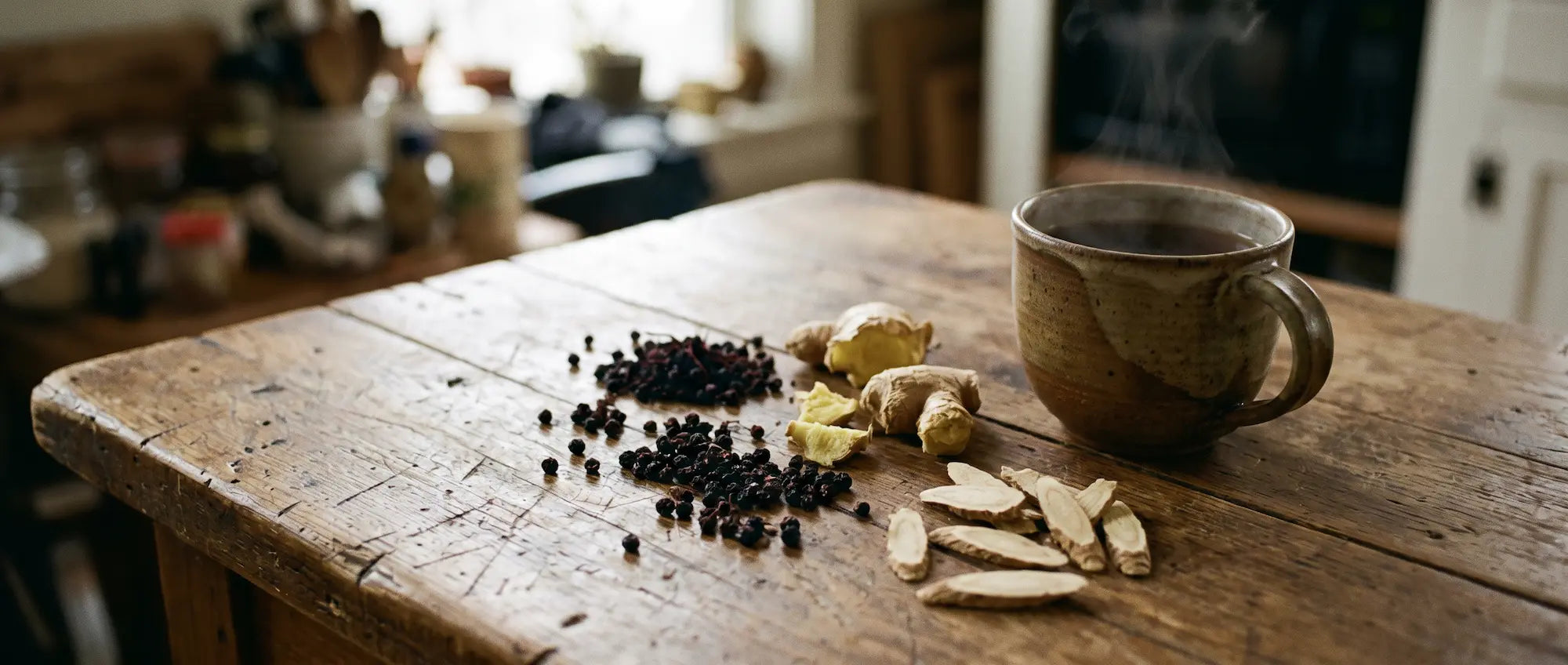 Top 12 winter wellness herbs including elderberries, ginger root, astragalus, and reishi mushrooms arranged on wooden surface with snow