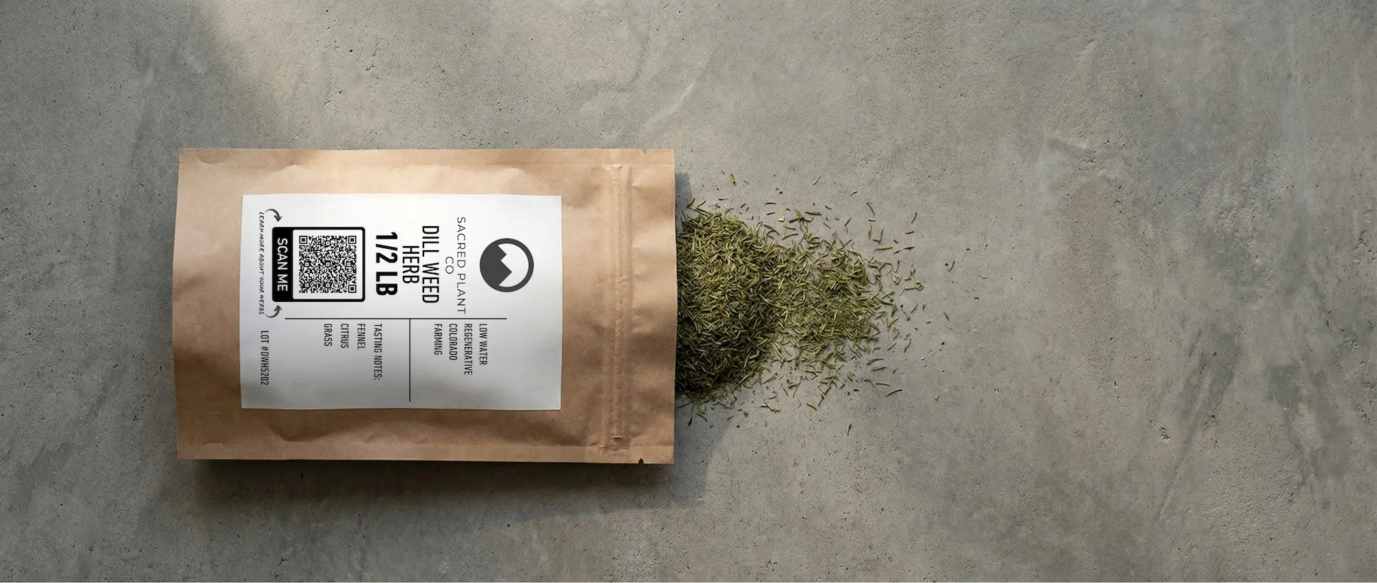 Sacred Plant Co bulk dried dill weed packaging, featuring tasting notes of fennel, citrus, and grass, harvested from low-water regenerative farms.