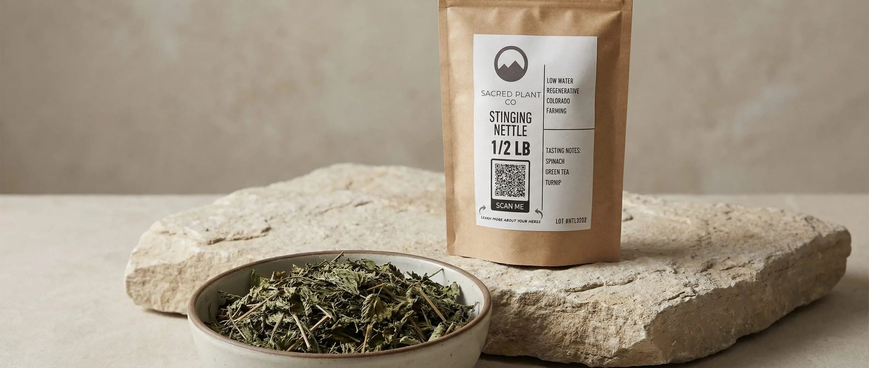 Sacred Plant Co bulk stinging nettle leaf (1/2 lb) featuring notes of spinach and green tea, sustainably grown using low-water regenerative Colorado farming techniques.