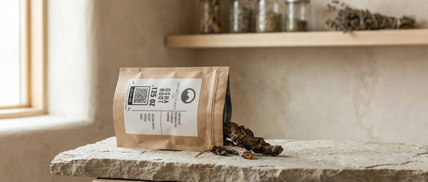 Sacred Plant Co osha root slices spilling from kraft apothecary bag on stone surface with soft natural window light