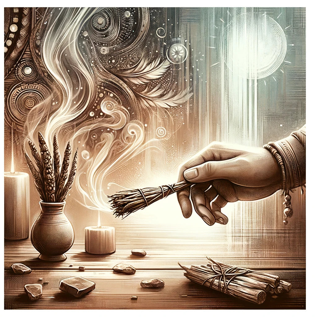 Artistic illustration of a smudging ceremony using osha root, depicting a calming spiritual setting.