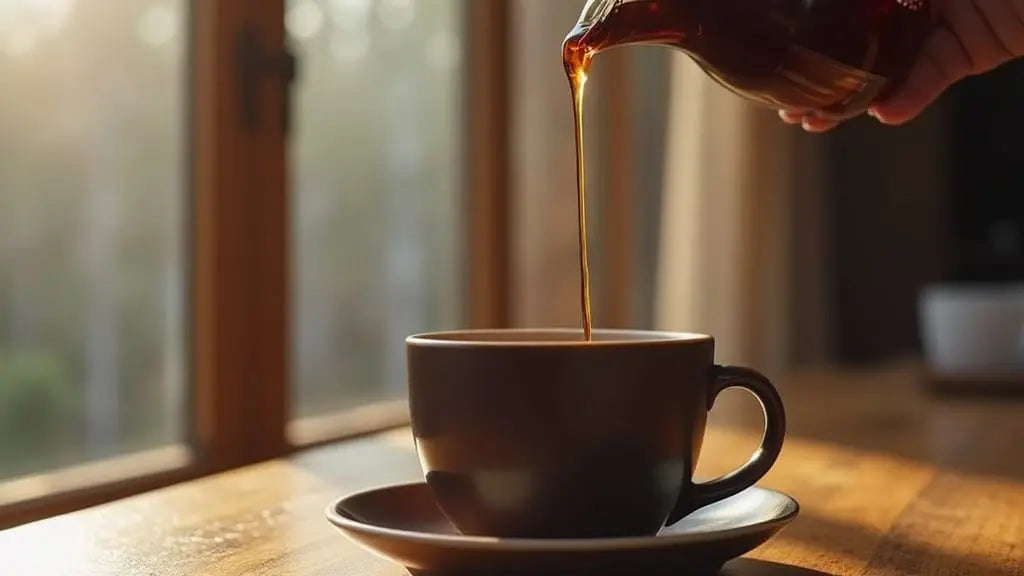 Osha syrup being poured into a warm mug, how to make osha syrup recipe with Ligusticum porteri bear root