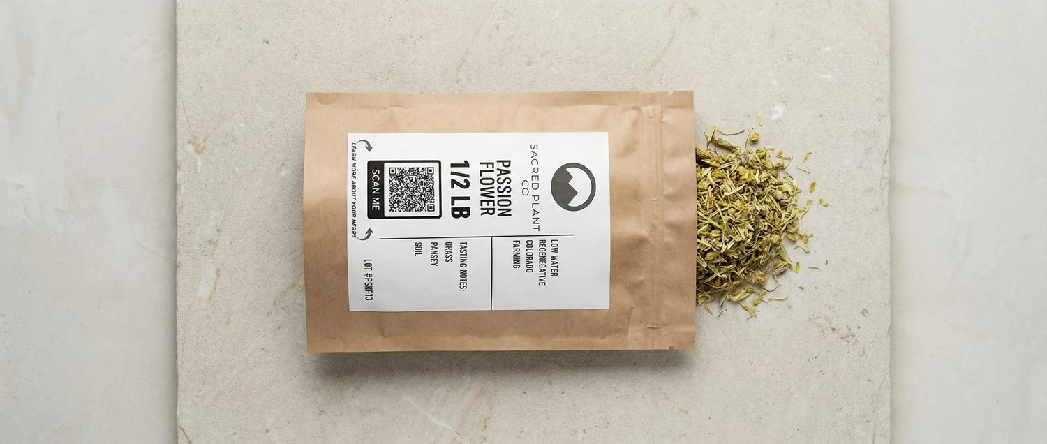 Sacred Plant Co passion flower dried herb in kraft bag with loose material beside it