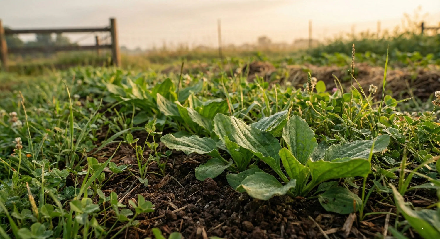 Rows of vibrant Plantago major medicinal herbs growing in mulched, zero-tillage soil at Sacred Plant Co’s regenerative farm in Colorado.